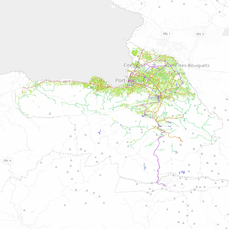 Port-au-Prince data, rendered using QGIS using portauprince_ways table, colored based on priority values in configuration xml file Port-au-Prince data, rendered using QGIS using portauprince_ways table, colored based on priority values in configuration xml file